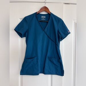 Cherokee Mock Wrap Caribbean Blue Scrub Top
